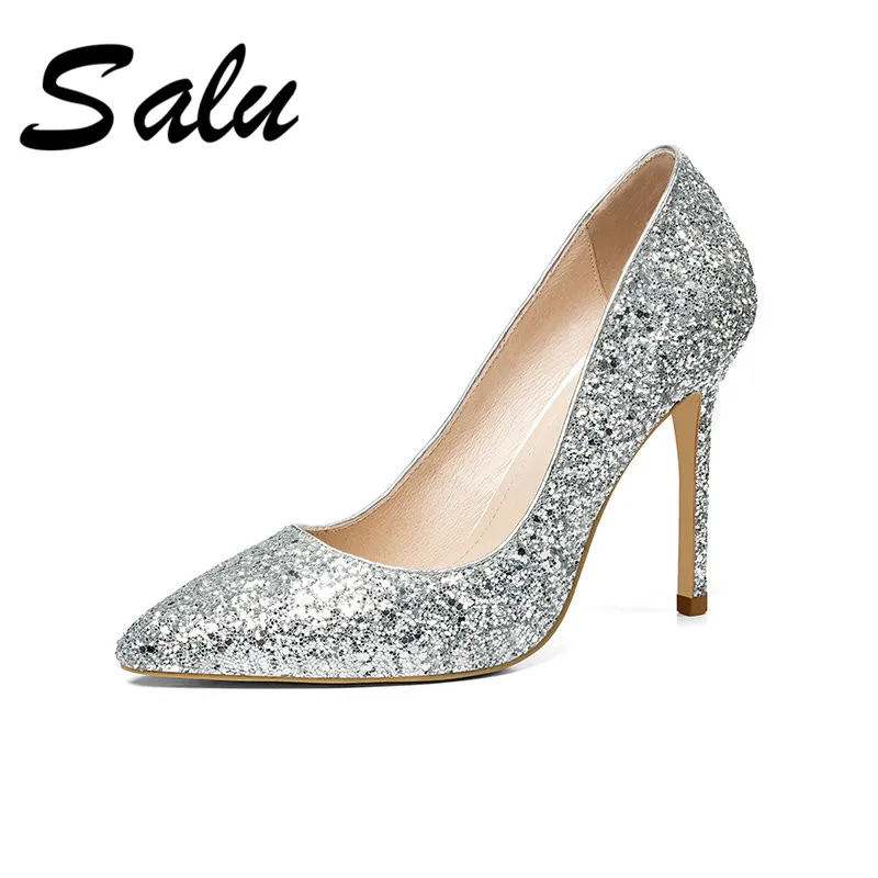 

Salu 2019 Genuine leather pumps high heels stiletto shallow mouth wild women's single shoes professional work shoes bling