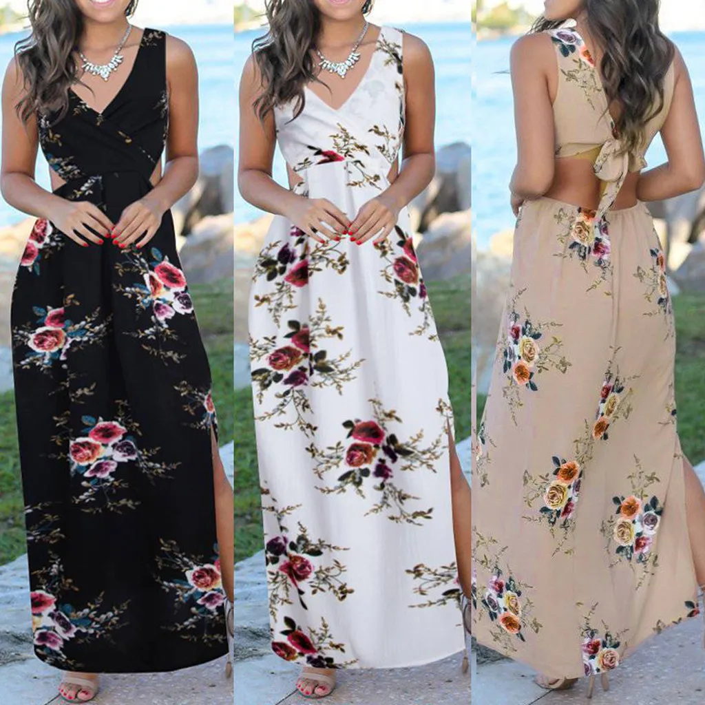 

Vestidos 2019 Women's Dresses Spring Summer Dress Women Boho Hippie Sleeveless Dress Ladies Floral Print Loose Midi Dress