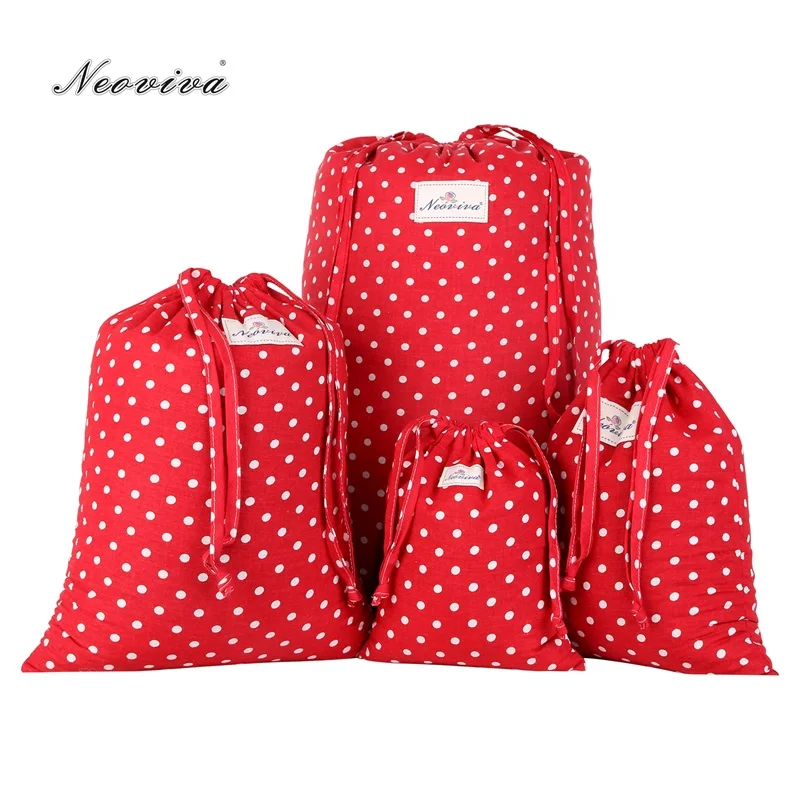 

Neoviva Cotton Drawstring Storage Bag for Shoes and Laundry, Pack of 4 in Different Sizes, Polka Dots Lollipop Red Laundry Bags