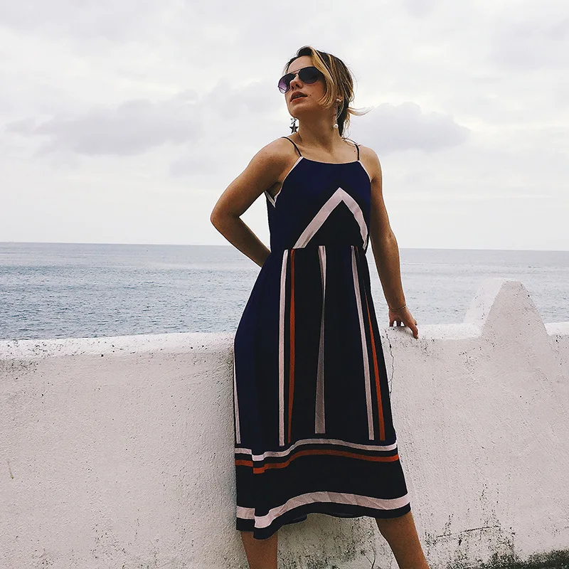 

2019 Women Summer Holiday Striped Dress Long Dresses Summer Beach Dress -A82
