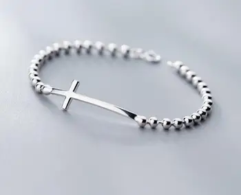 

17CM Authentic Retro REAL. 925 Sterling Silver Fine Jewelry Religion CROSS Round Beads chain Bracelet GTLS812