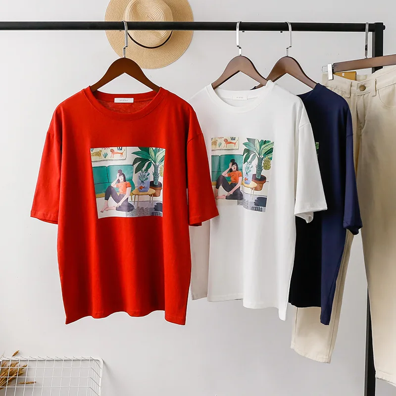

Oil Painting Print Loose Harajuku Tee Shirt Femme Streetwear Casual Short Sleeve Cotton Tee Tops Vintage Women Tumblr Korean Top