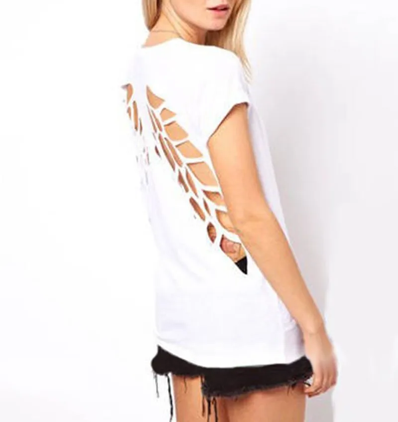 Женская модная футболка с открытой спиной размера плюс Крылья Ангела женские белые черные короткие топы футболки летняя футболка S-3XL