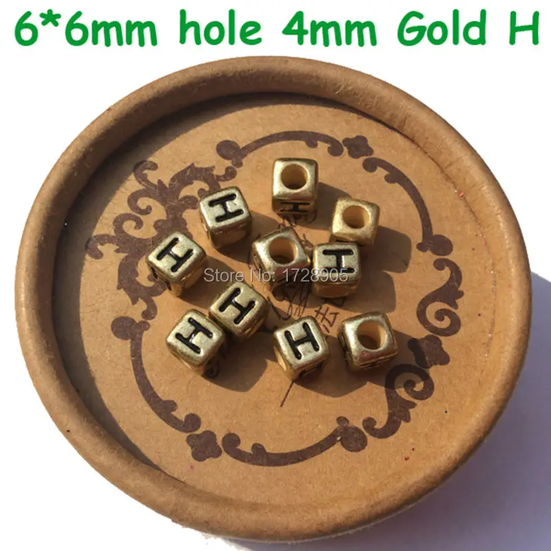 

6mm 2600pcs per Lot Square Gold With Black Acrylic Single Letter "H" Cube Alphabet Beads With 4mm Hole
