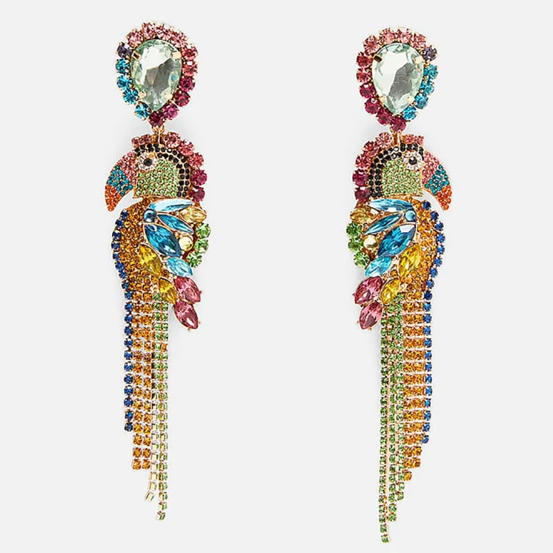 Bohemia Colorful Crystal Birds Fringed Drop Dangle Earrings Luxury Jewelry for Women Fish Earrings Accessories Crystal Tassel Earrings
