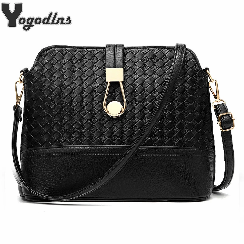 

Retro Small Shoulder Bags Women Messenger Bag Pu Leather Lock Shell Handbag Famous Brand Knit pattern Crossbody Bags for female
