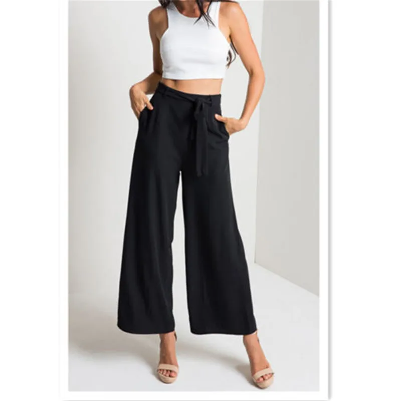 Pantalones anchos de cintura alta con lazo en negro - Retro, Indie