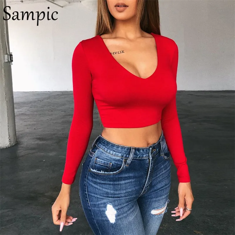 

Sampic Sexy White T Shirt Women Long Sleeve Crop Top Black Red Tee Shirt V Neck Vogue Summer Autummn Womens Tshirt 2019