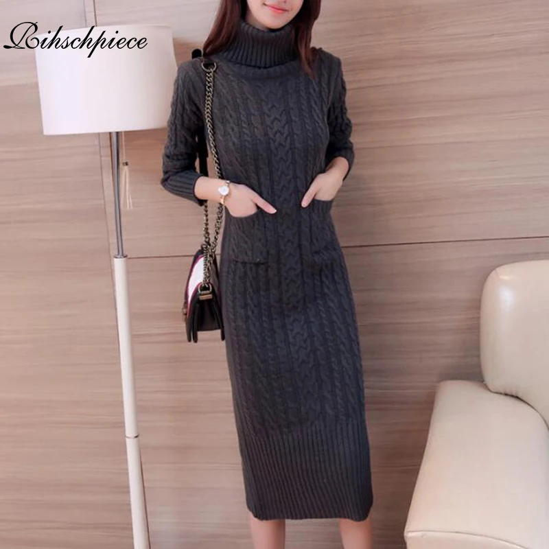 

Rihschpiece 2018 Winter Sweater Dress Women Knitted Warm Dresses Clothing Tunic Black Dress Turtleneck Vestidos RZF1374