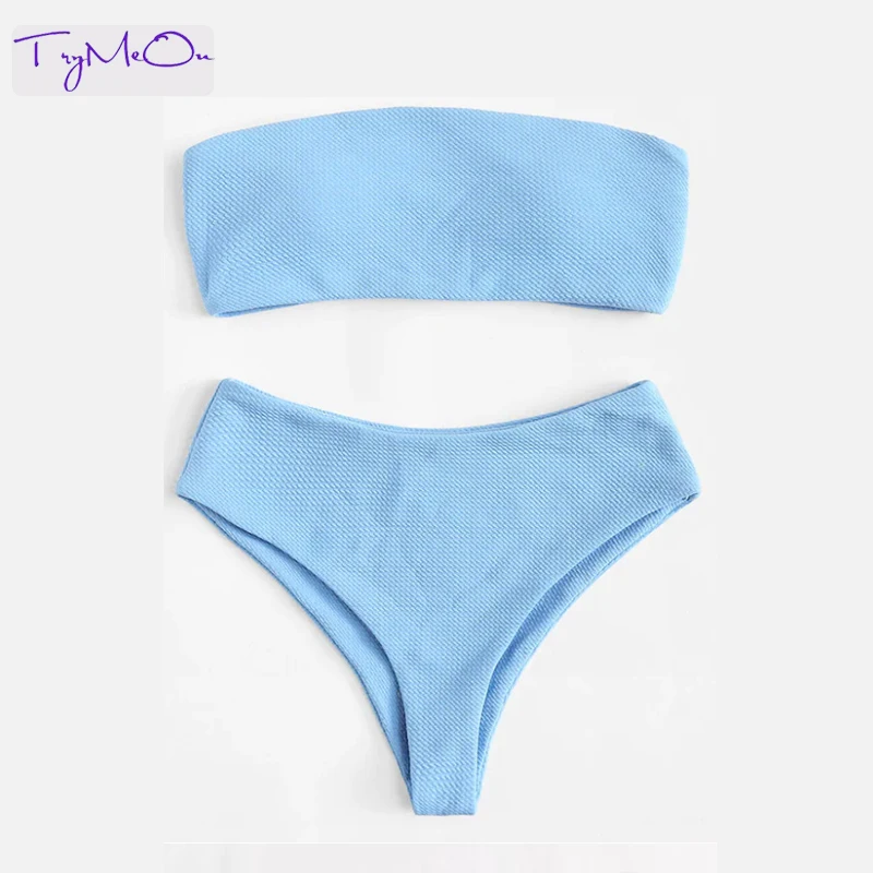 

TryMeOn Sexy Bikini Set High Waist Swimwear Women Beach Wear Solid Blue Tube Top Swimsuits Push-up Pad Bra Brazilian Swimsuit