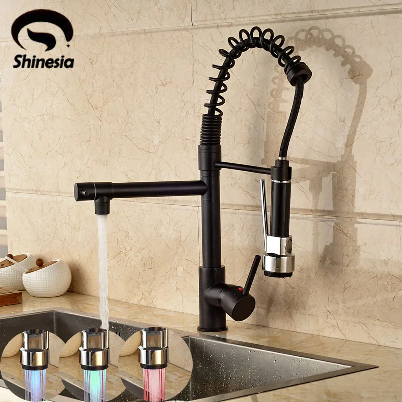 

LED 3 Colors changing Pull Out Kitchen Faucet 360 Degree Rotating Vessel Sink Mixer Tap Oil Rubbed Bronze