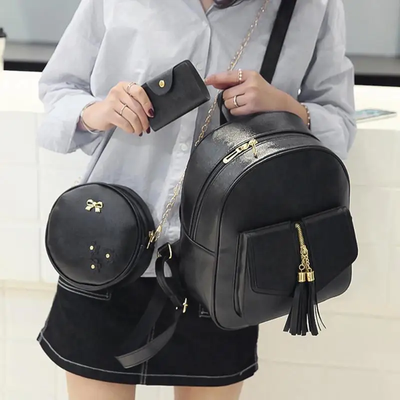 3 unids/set Bowknot elegante compuesto de las mujeres borlas de cuero escuela Mochila mochilas mujer bolsa de hombro bolso Mochila