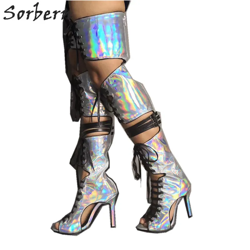 thigh high holographic boots