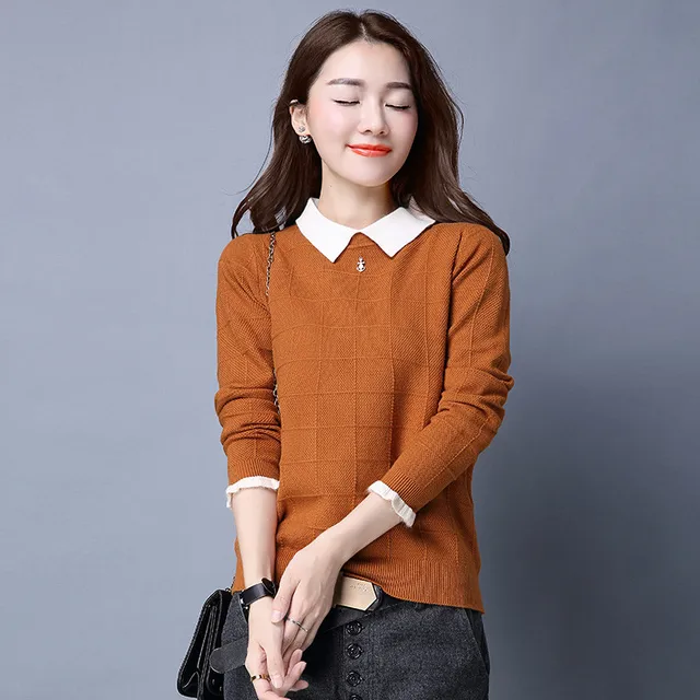 POLO collar Sweater Women Spring Autumn Short Loose Large size Bottoming knitting Sweater Long