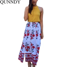 Qunndy Новинка года Винтаж с цветочным принтом Юбки для женщин Для женщин Летние Элегантные Пляж Макси юбка Высокая Талия богемный Разделение длинная белая юбка