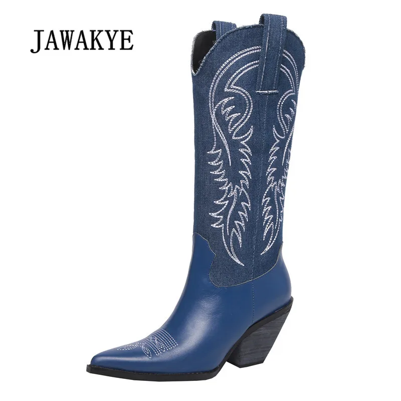 

2018 Cowboy Boots For Women Pointed Toe Embroidered Flower Strange Heel Boots Lady Retro Runway Knee High Boots