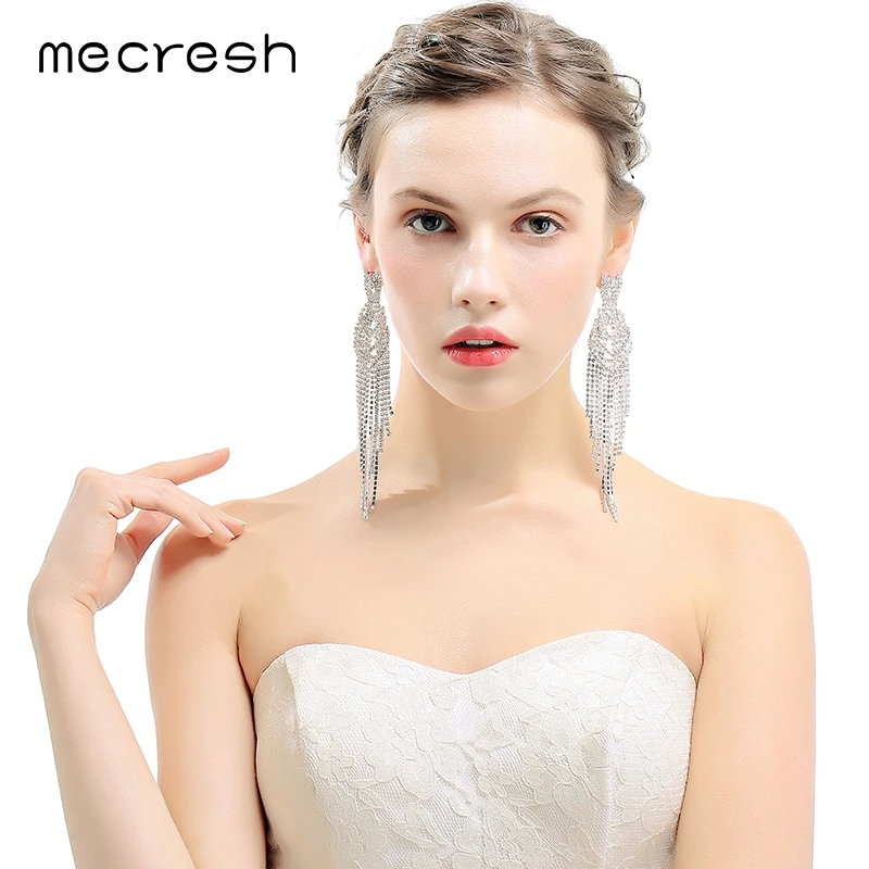 Mecresh серебряный цвет стразы длинные висячие серьги-кисточки для женщин супер большие свадебные висячие серьги Свадебные ювелирные изделия MEH1000