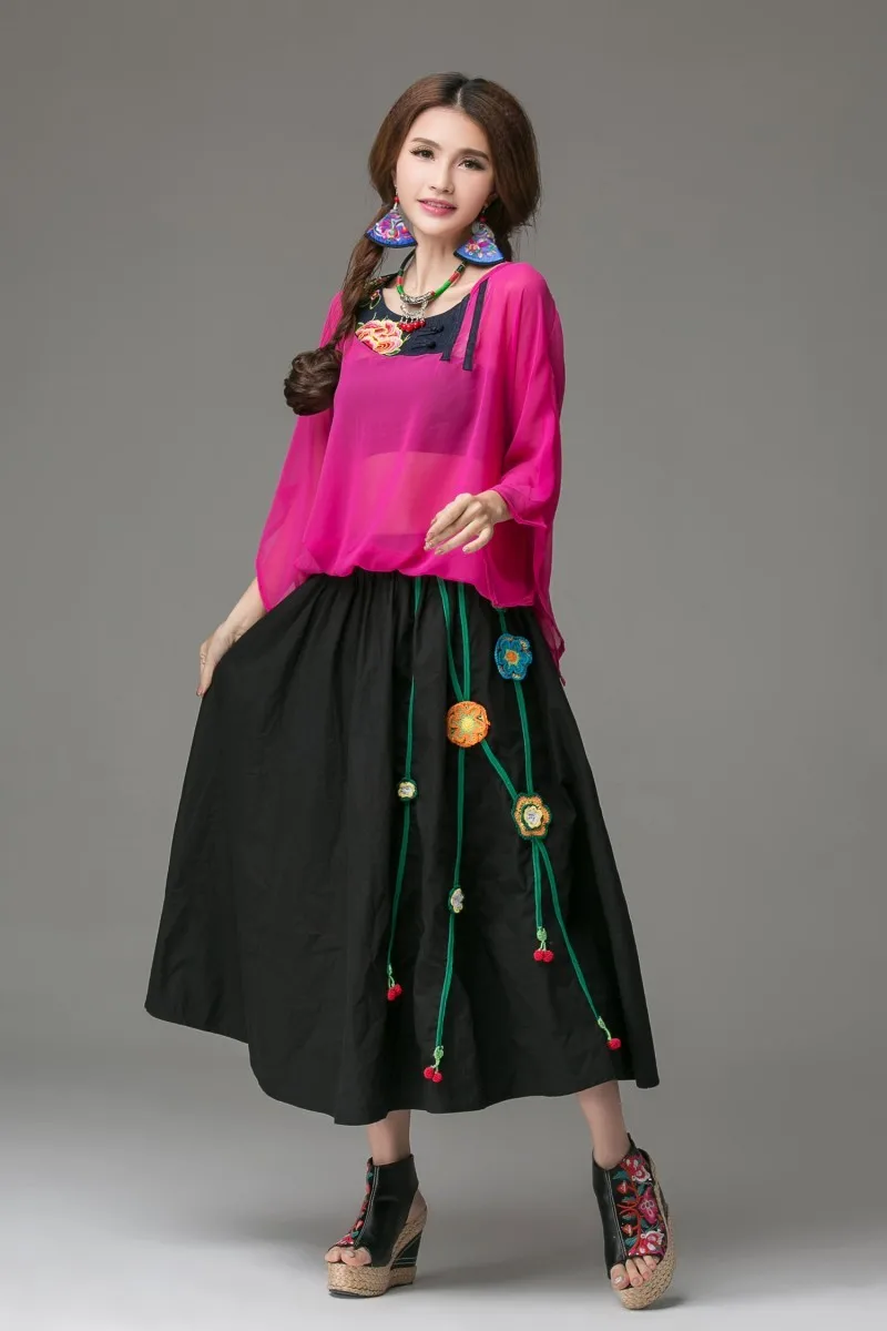 KYQIAO юбка в китайском стиле Женская Осенняя длинная Этническая черная красная синяя большая Расширенная юбка богемная Однотонная юбка макси Этническая длинная юбка