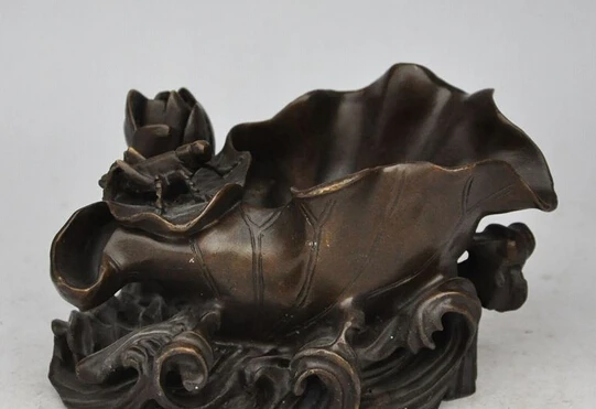 

xd 003199 6"chinese fengshui folk bronze Grasshopper lotus flowers statue Ashtray Pen wash