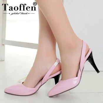 

TAOFFEN Women Sandals Thin High Heel Stilettos Pointed Toe Patent Leather Shoes Back Strap Wedding Sandals Plus Size 31-47