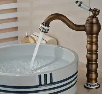 

Tall Faucet Retro Style Bathroom Sink Basin Faucets hot and cold water taps Antique Brass Single Ceramics Handle mixer tap