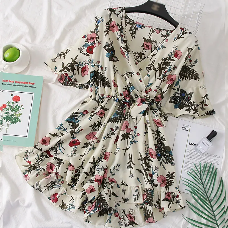 apricot floral SINGRAIN новые летние женские шифоновые пляжные комбинезоны с v-образным вырезом и цветочным принтом женские Комбинезоны свободные праздничные сексуальные богемные комбинезоны - Цвет: apricot floral