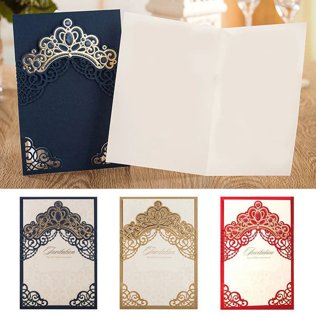 1pcs sample gold red blue laser cut crown wedding invitations card