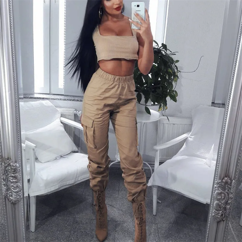 

HOUZHOU Fashion Europe Style Pants Famale Khaki Loose High Waist Long Trousers Casual Straight Streetwear Cargo Sweatpants
