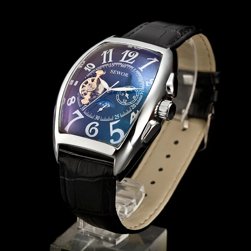 SEWOR роскошный бренд мужские элегантный стиль Tonneau темно синие Moonphase Tourbillon кожа