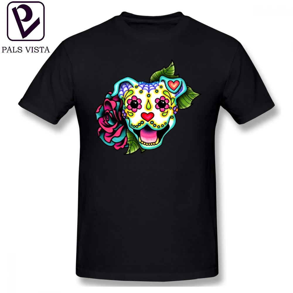 

Amstaff T Shirt Smiling Pit Bull In White Day Of The Dead Pitbull Sugar Skull Dog T-Shirt Cute Male Tee Shirt Beach XXX Tshirt