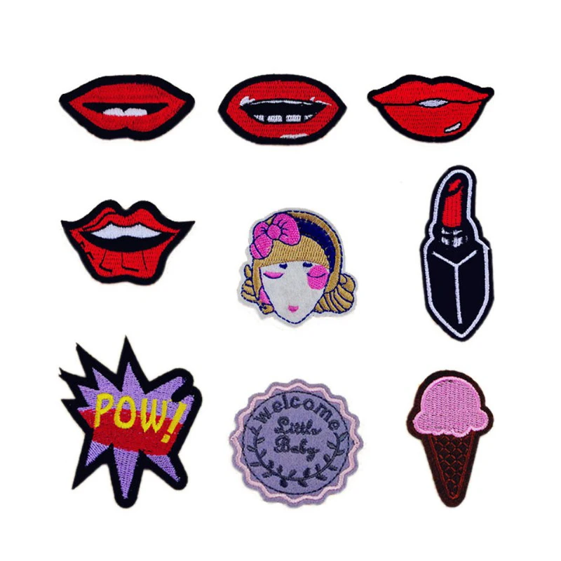New Fashion Girl Red lips Icecream POW Welcome Patches Iron On Or Sew Fabric Sticker For Clothes Badge Embroidered Appliques DIY | Дом и сад