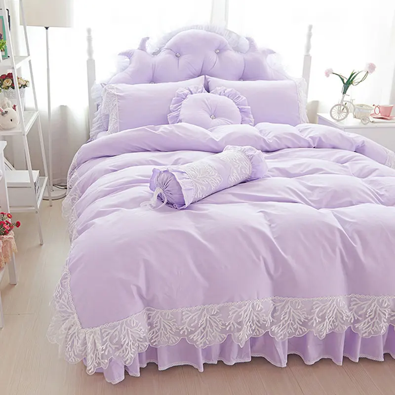 Твердые Цвет принцесса наборы роскошного постельного белья 4/6 шт. бежевого цвета с кружевными оборками на двуспальную кровать пододеяльник покрывало постельное белье из хлопка - Цвет: Purple