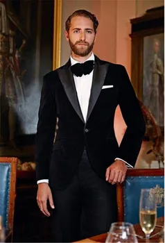 

2020 New Elegant Red/Royal Blue/Black Velvet Groom Tuxedo Jacket Black Lapel Mens Blazer Slim Fit Suit Men Wedding Suits Sets