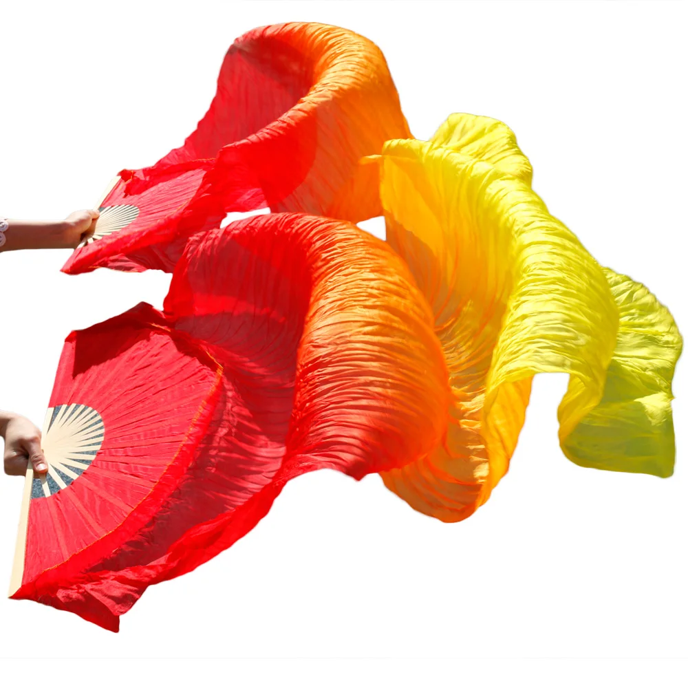 Хиты, высокая распродажа, Женская качественная шелковая вуаль для танца живота, веер, натуральный шелк, 1 пара, 180*90 см, красный+ оранжевый+ желтый