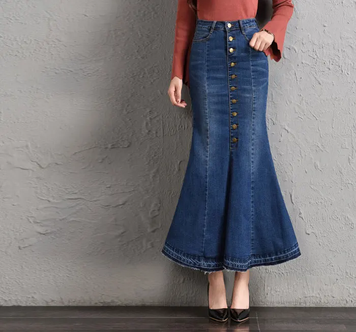 Большого размера, расклешенные джинсовые длинные юбки на пуговицах 4XL 6XL 7XL для женщин, выше размера d, сексуальные женские Облегающие юбки длиной до лодыжки