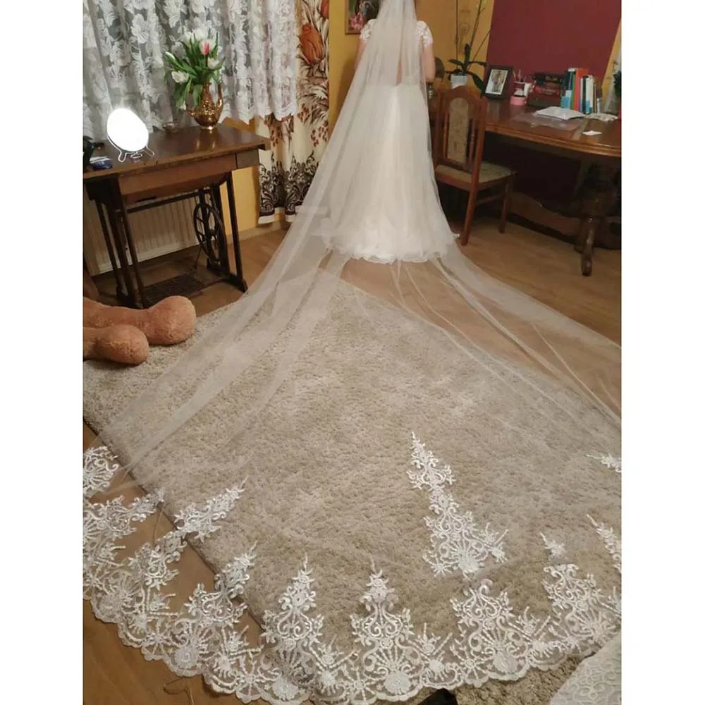 

Voile Mariage 4M Bridal Veils with Metal Comb Long Lace One Layer White Ivory Wedding Veil Velo Novia 2019