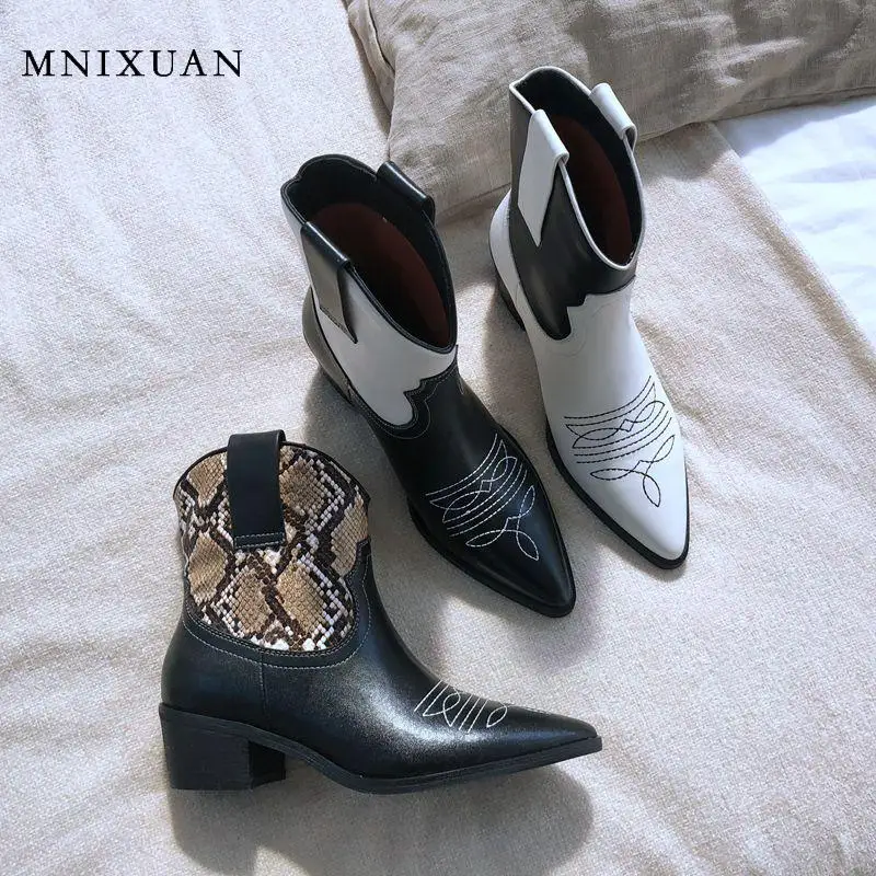 

MNIXUAN Cowboy Boots For Women Gothic Shoe 2019new genuine leather snake print high heels white western black Denim ankle boots