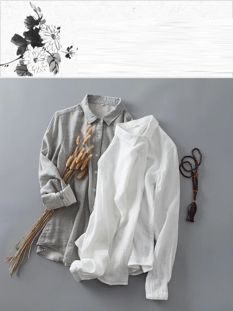 Короткие простые Стильные однотонные хлопковые рубашки офисные Топы Новые повседневные женские блузки с длинным рукавом и отложным воротником серого и белого цвета