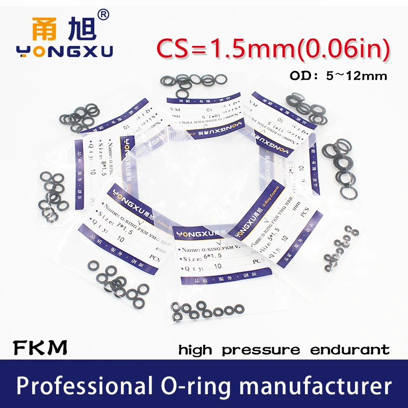 15 шт./лот Black FKM фторрезиновые уплотнительные кольца CS1.5mm OD5/5 5/6/6.5/7/8/9/10/11/12*1 5 мм ORings