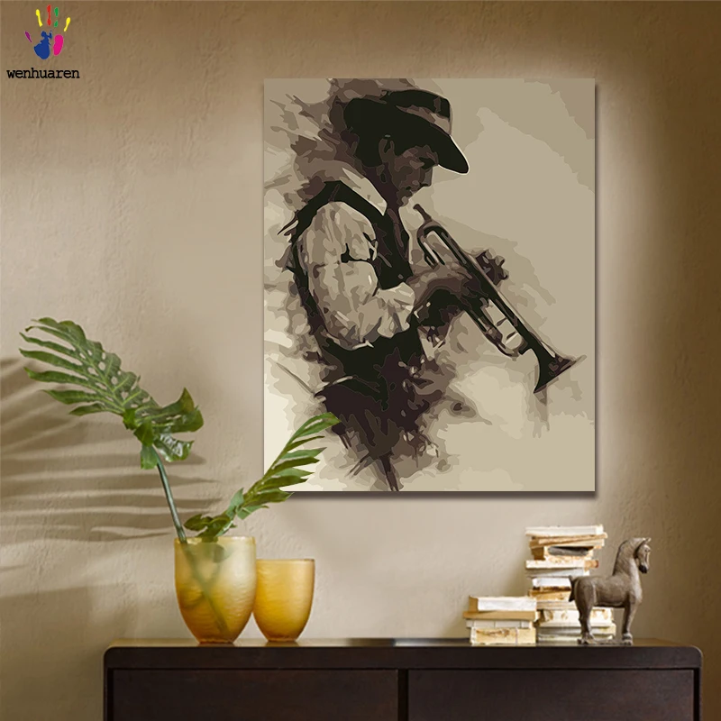 

DIY oil painting is made up of Numbers and colors. Oil paintingA man playing the trumpet can be used as a home decoration