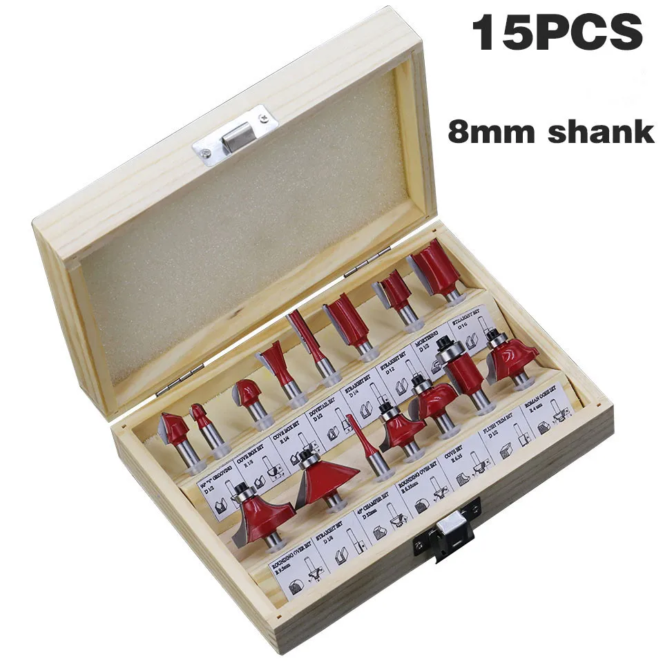 

15pcs/set 8mm Shank Wood Floor Handmade Engraving Cutting Tools Router Bit Sets Tungsten Carbide Milling Cutter Router Bit Set