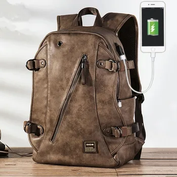 

Waterproof PU Leather Backpack USB Charging School Backpack For Teenager Male Laptop Backpack Casual Travel Mochila Big Bag