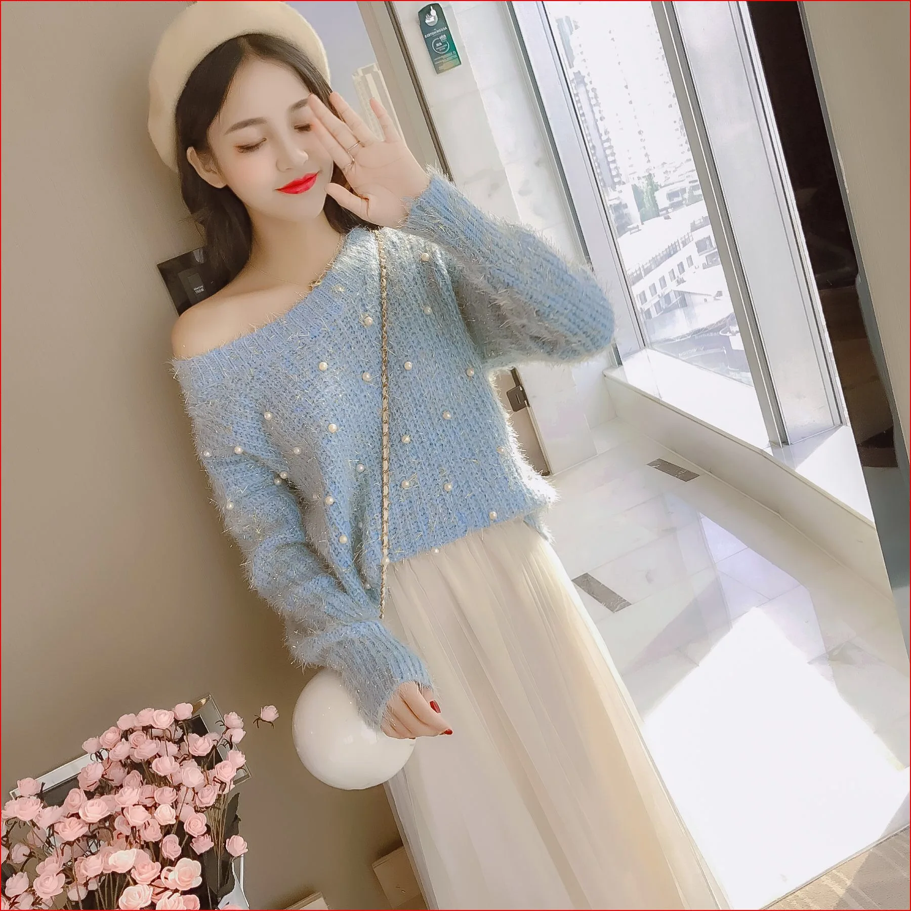 Vangull Pearl Beading O Neck Sweater Sweet Women Pullovers Knit Jumper Long Sleeve Casual Solid Sweater Pull Femme Autumn 2019