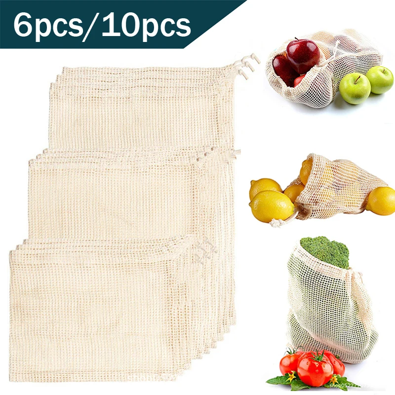 

6/10pcs Reusable Cotton Mesh Vegetable Bags Home Kitchen Fruit Vegetable Storage Mesh Bags With Drawstring Machine Washable