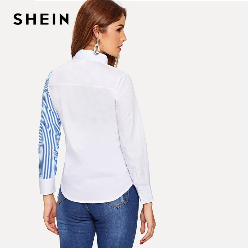  SHEIN White Striped Button Decoration Shirt Classy Blouse Women Summer Autumn Asymmetric Placket Tu