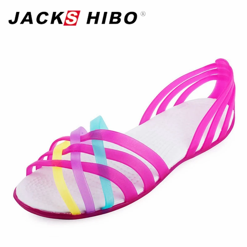 

JACKSHIBO Women Sandals Candy Color Jelly Shoes For Girl Female Flat Shoes Peep Toe Summer Beach Valentine Rainbow Jelly Sandal
