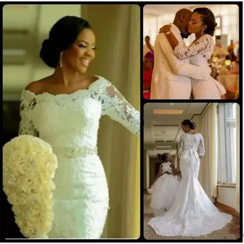 

Vestidos De Noiva White Lace Mermaid Wedding Gown With Bowknot Sash Three Quarter Sleeves Scoop Neck Sexy African Bridal Dress