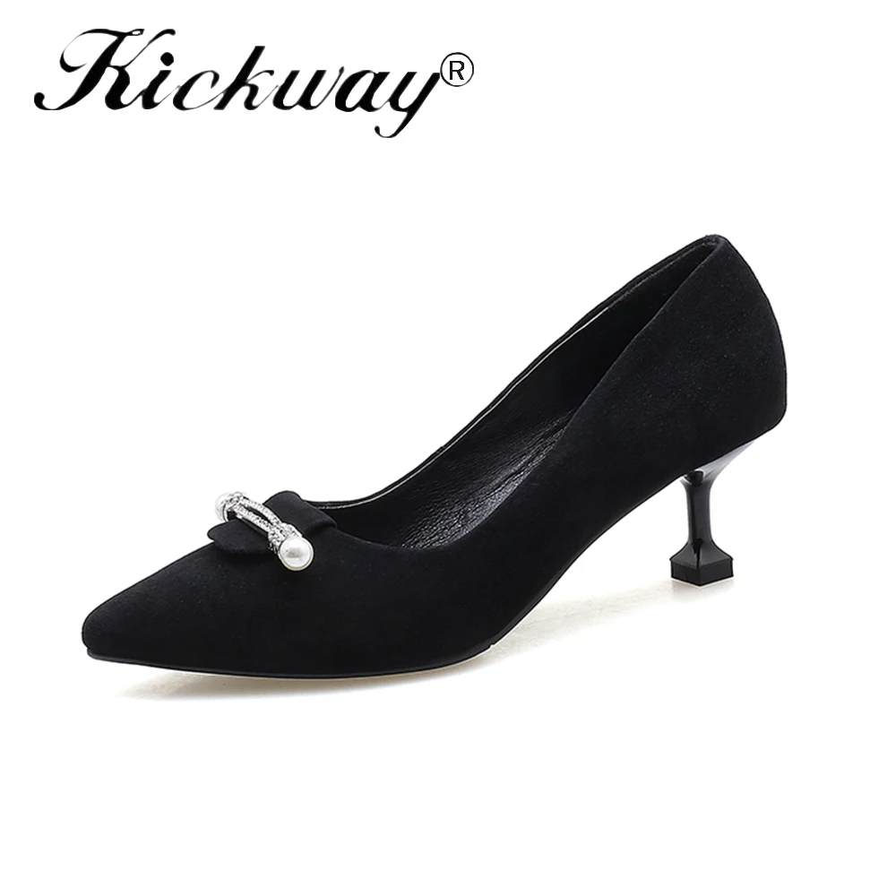 Kickway/2018 модная обувь из натуральной кожи, женские туфли-лодочки на среднем каблуке, слипоны, женские туфли мэри джейн с острым носком, черные