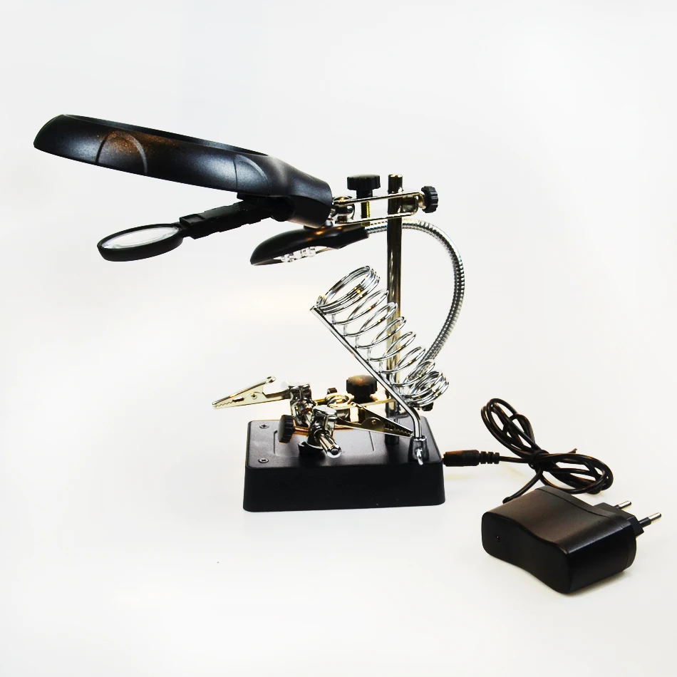 

2.5X 7.5X 10X Desktop Optical Magnifier Adjustable Bench Magnifying Glass with LED Light Hand Clamp Alligator Clip Stand