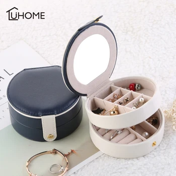 

Mini Round PU Leather Carrying Case with Mirror Jewelry Ring Display Box Tray Holder Necklace Bracelet Storage Box Organizer